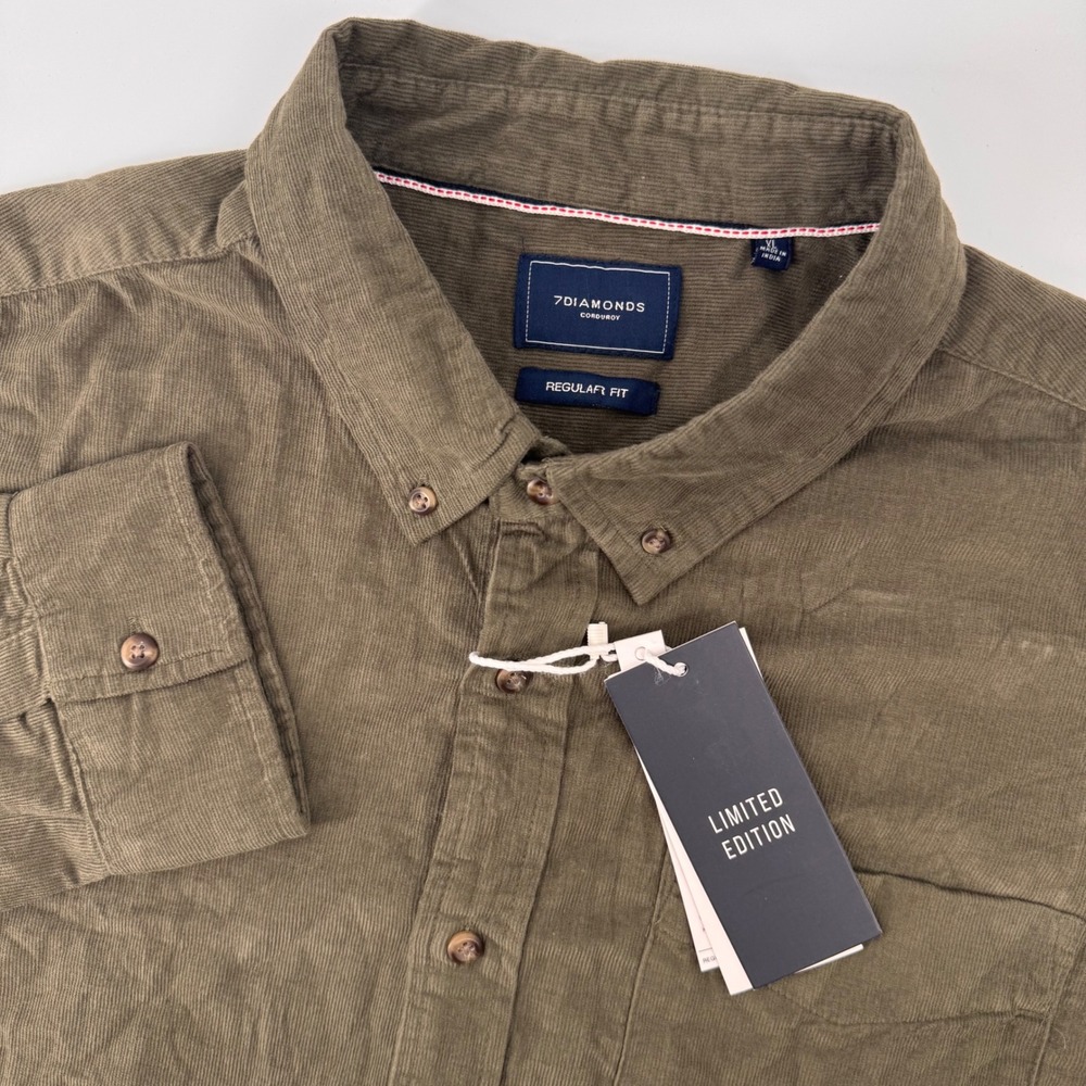 7 Diamonds The Darklands Shirt Men XL Olive Peached Corduroy Regular SMK-6756